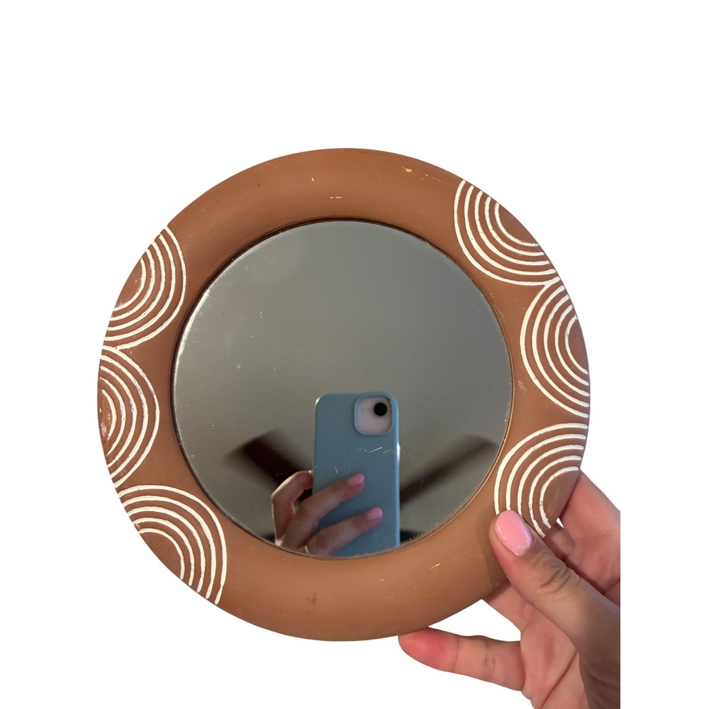 Boho Round Terracotta Wall Mirror White Rainbow Wave Pattern 6" Accent Mirror